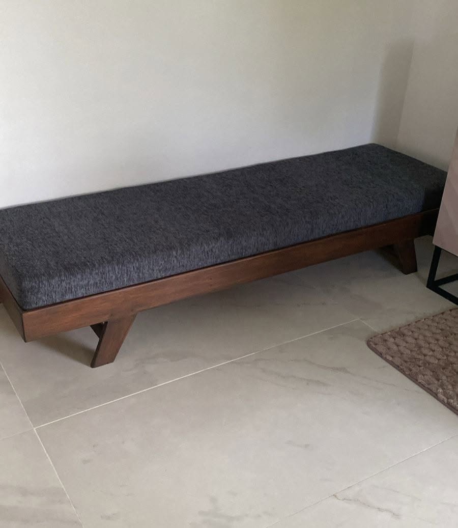 Diwan made out of Mahogany Tempered glass top Dining Table with metal frame work powder coated, made in sri lanka by the pine studio colombo