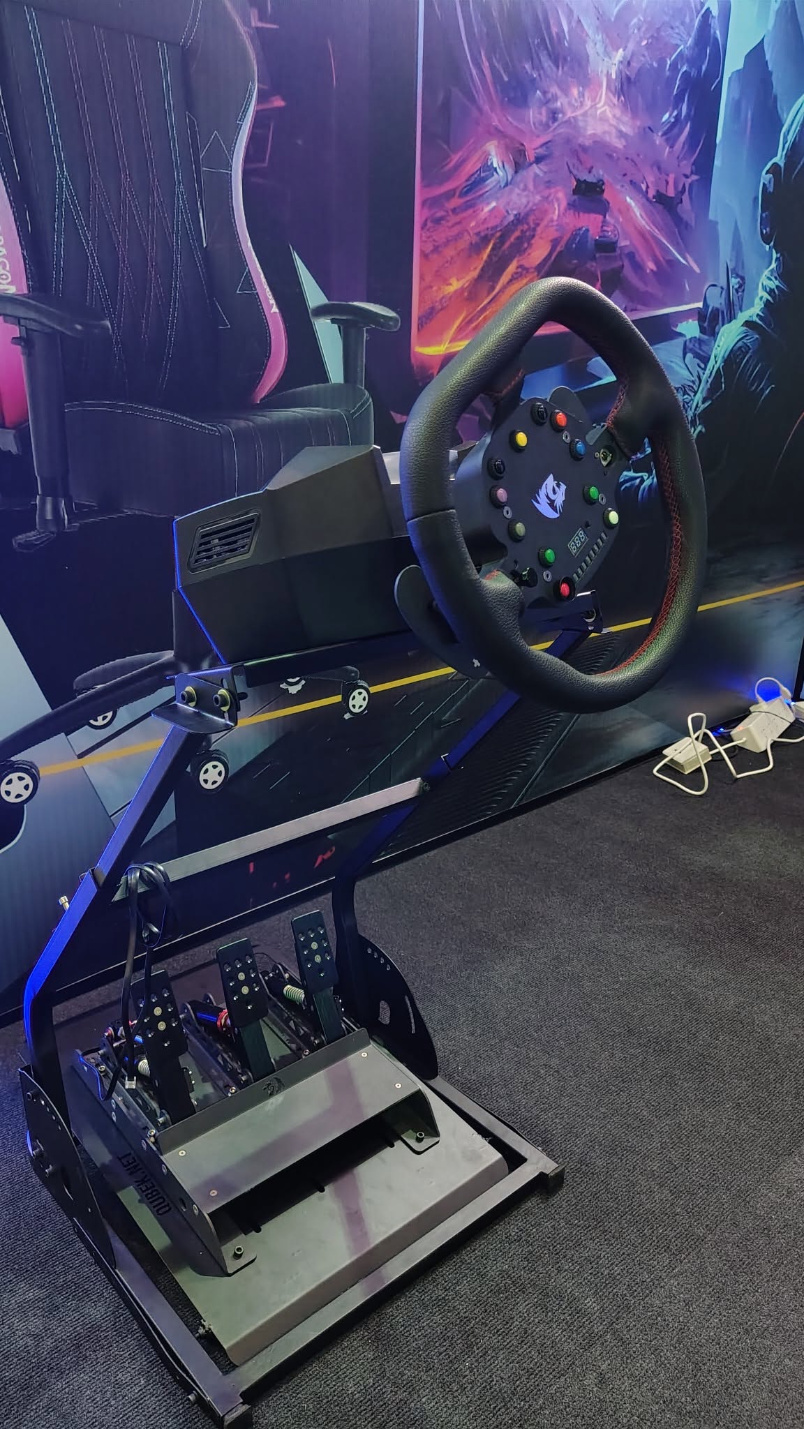Gaming Cockpits, Gaming Consoles Gaming frame modular Sim racing Tempered glass top Dining Table with metal frame work powder coated, made in sri lanka by the pine studio colombo