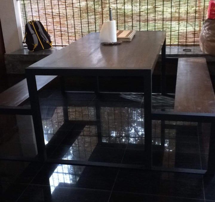 Metal Pinewood Dining table with Bench