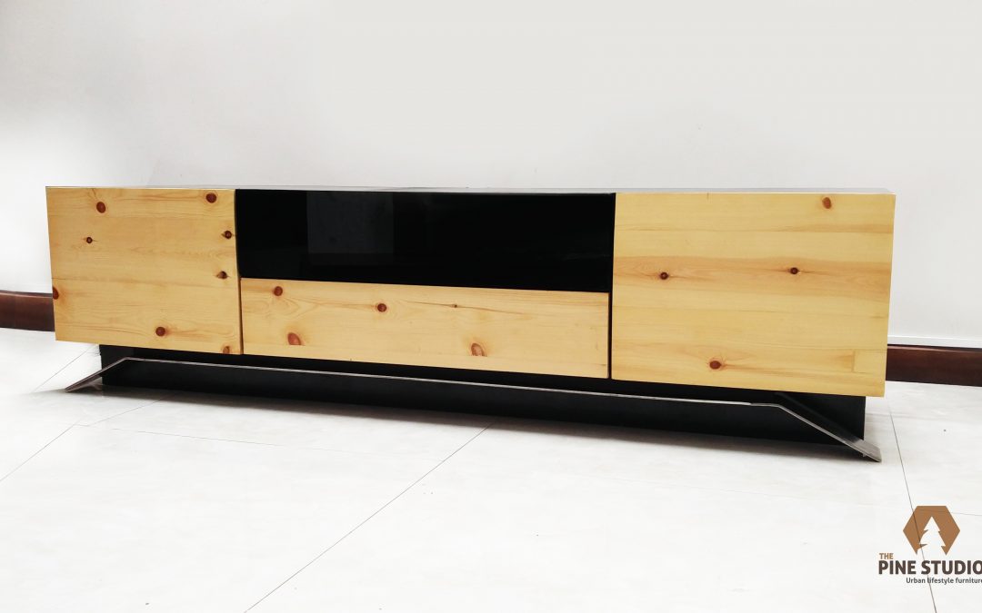 Media Unit, TV Console table made out of Pinewood and stainless steel
