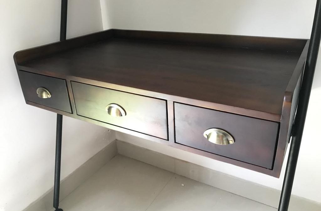 Raw Steel Lean-to Desk/Ladder Desk, Industrial Style, Reclaimed Scaffold Board Desk Top and Shelves with Powder Coated Galvanized Steel Frame