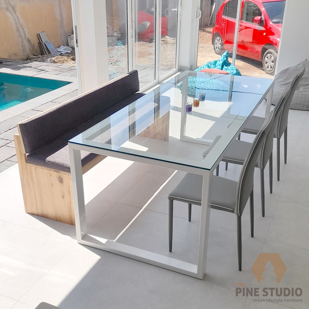 Tempered glass top Dining Table with metal frame work powder coated, made in sri lanka by the pine studio colombo