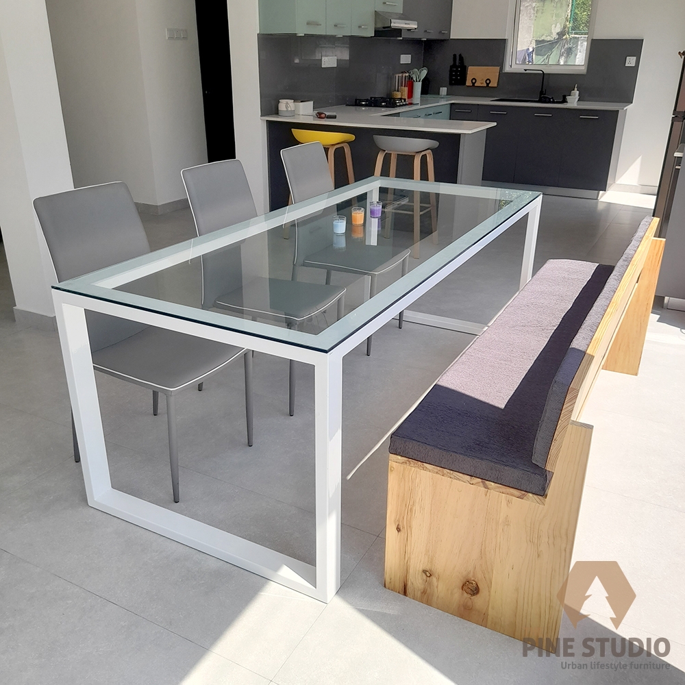 Tempered glass top Dining Table with metal frame work powder coated, made in sri lanka by the pine studio colombo and pinewood dining bench and chair